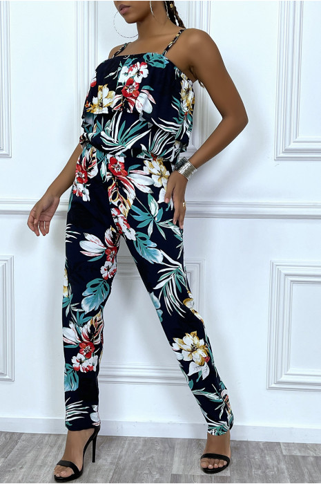 Combinaison pantalon marine fleuri avec volant au buste - 7