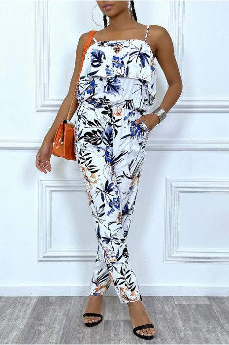 Combinaison pantalon blanche fleuri avec volant au buste - 7