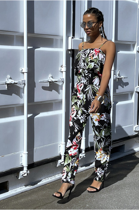 Combinaison pantalon noir fleuri avec volant au buste - 7