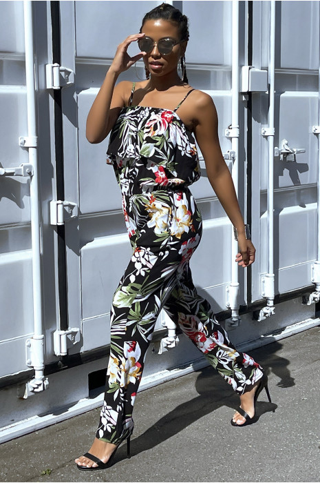 Combinaison pantalon noir fleuri avec volant au buste - 9