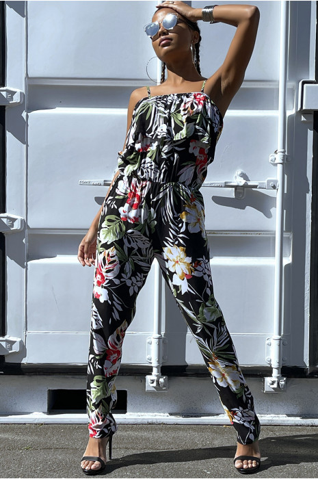 Combinaison pantalon noir fleuri avec volant au buste - 10