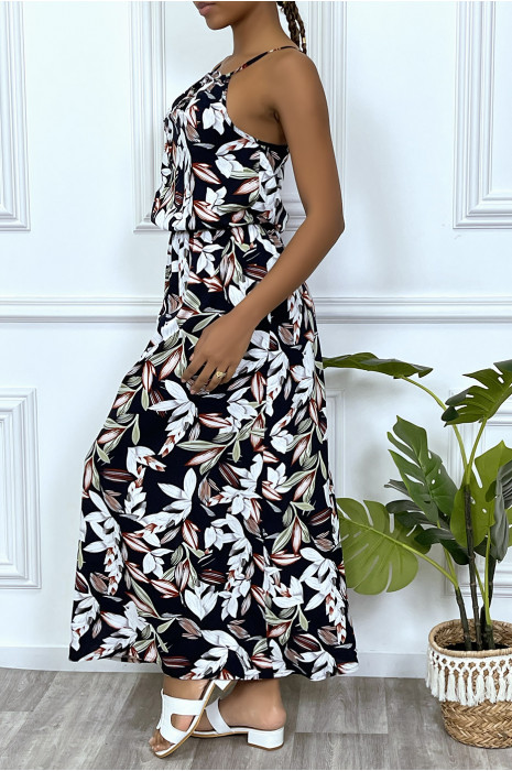 Robe longue marine motif feuilles avec col montant et elastique à la taille - 4