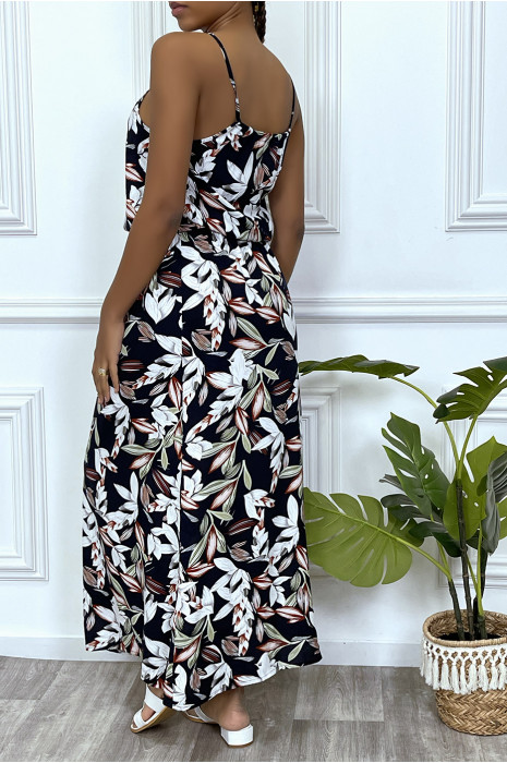 Robe longue marine motif feuilles avec col montant et elastique à la taille - 5