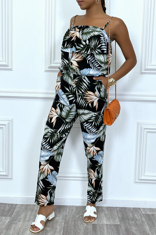 Black jumpsuit with removable strap with leaf pattern and frill on the bust - 1
