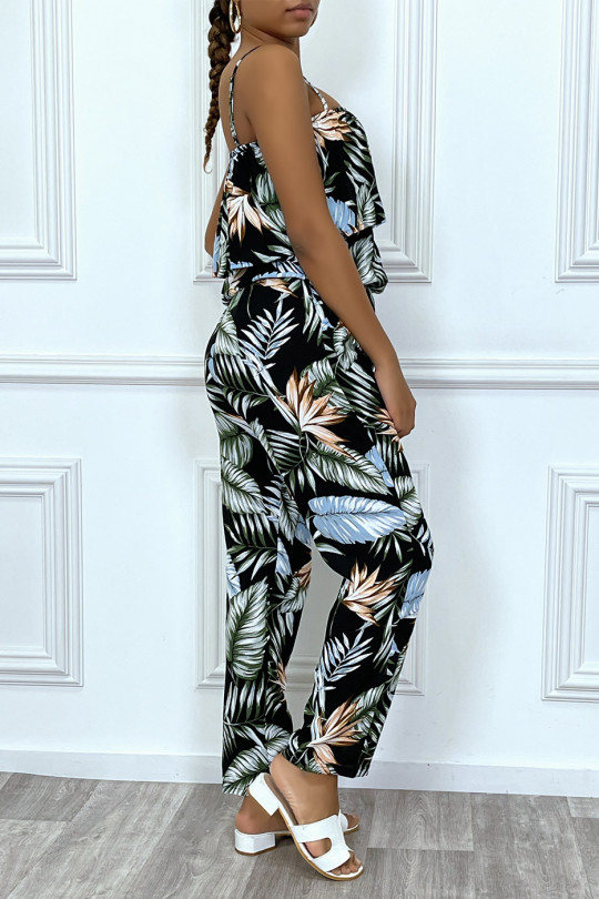 Black jumpsuit with removable strap with leaf pattern and frill on the bust - 7