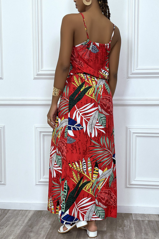 Lange jurk met rood bladmotief, hoge kraag en elastische taille - 3