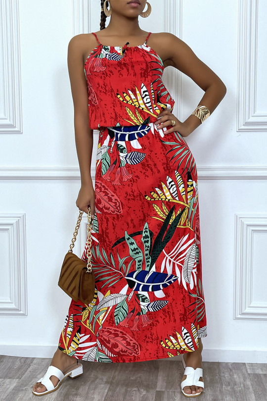 Lange jurk met rood bladmotief, hoge kraag en elastische taille - 5