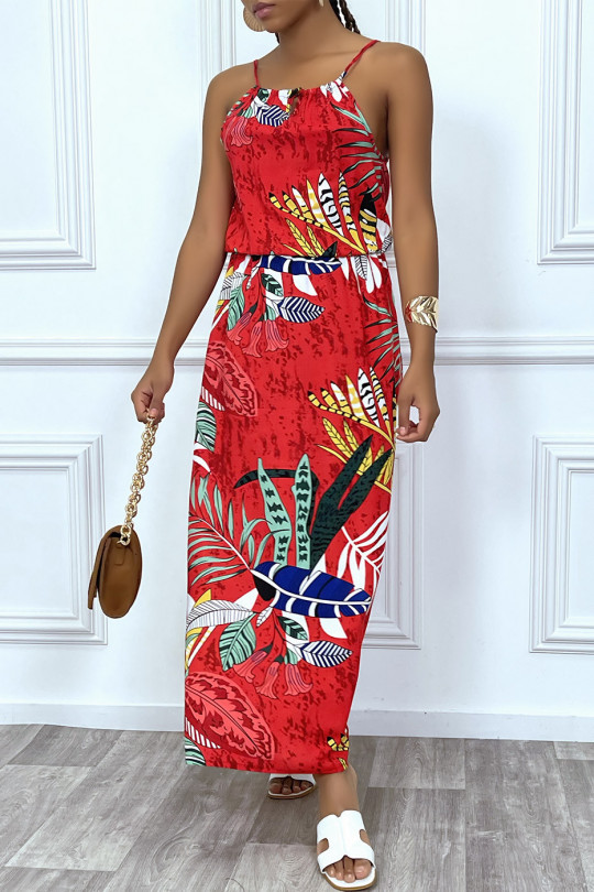 Long red leaf pattern dress with high collar and elastic waist - 8
