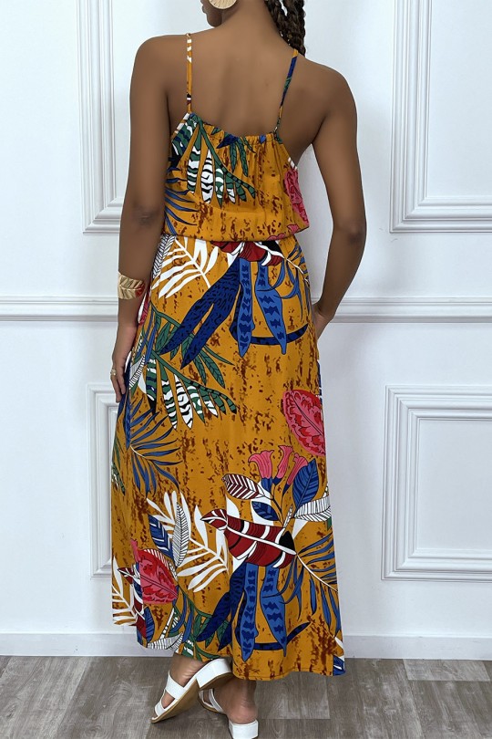 Mustard leaf pattern long dress with high collar and elastic waist - 3