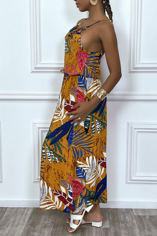Mustard leaf pattern long dress with high collar and elastic waist - 4