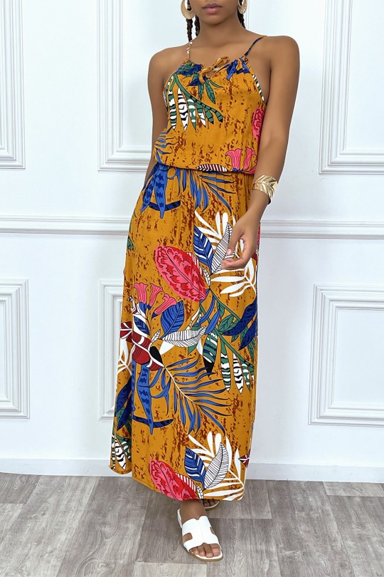 Mustard leaf pattern long dress with high collar and elastic waist - 7