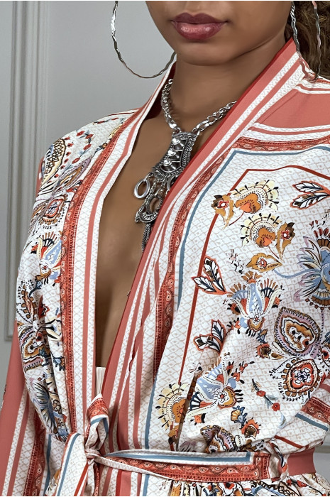 Ensemble fuchsia pantalon et long kimono à motif - 1