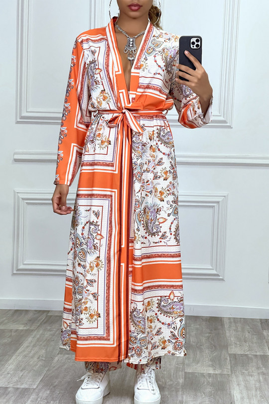 Ensemble orange pantalon et long kimono à motif - 1