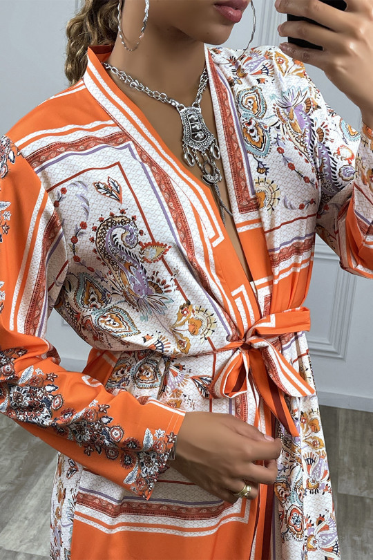 Ensemble orange pantalon et long kimono à motif - 3