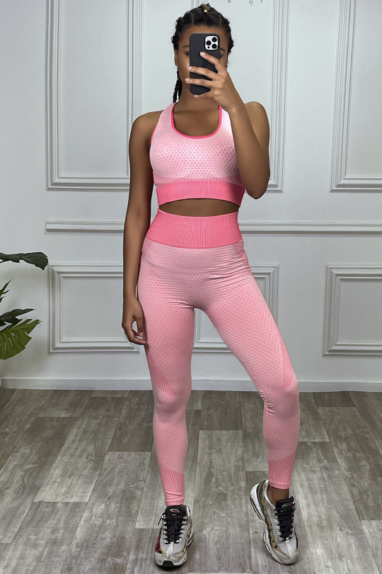 Fuchsia sports set 3 pieces: Top, leggings and waistcoat, seamless with contrasting detail - 3