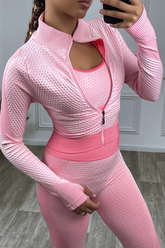 Fuchsia sports set 3 pieces: Top, leggings and waistcoat, seamless with contrasting detail - 4