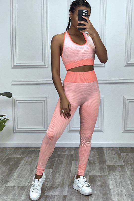 Coral sports set 3 pieces: Top, leggings and vest, seamless with contrasting detail - 6
