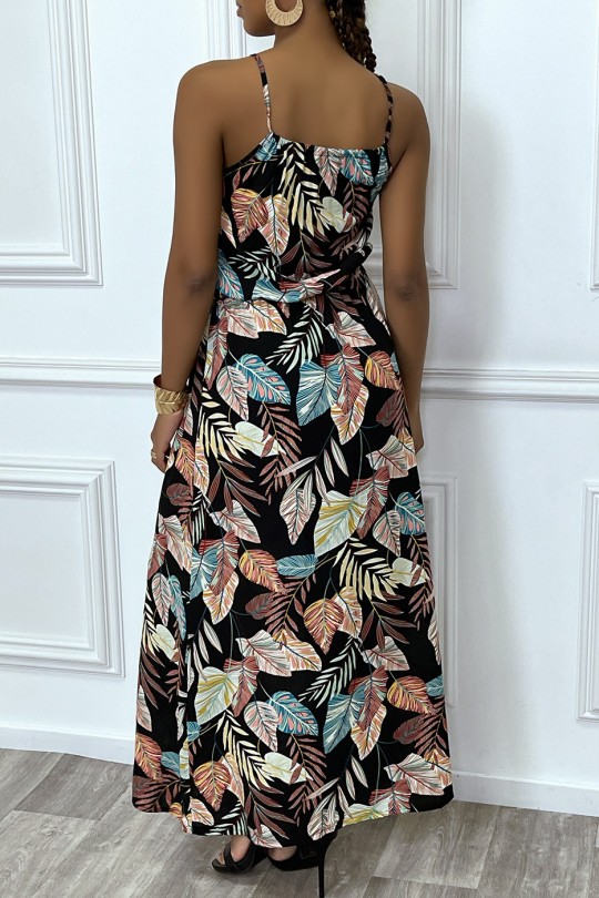 Long black leaf pattern dress with high collar and elastic at the waist - 2