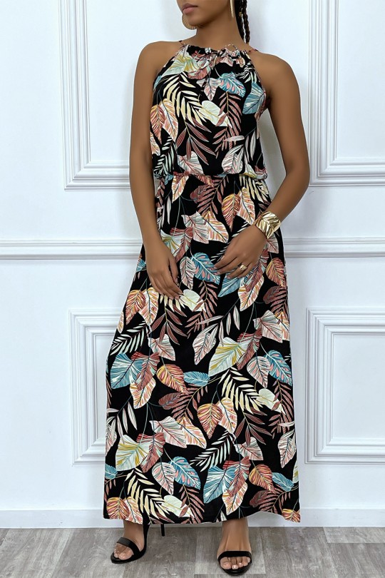 Long black leaf pattern dress with high collar and elastic at the waist - 6
