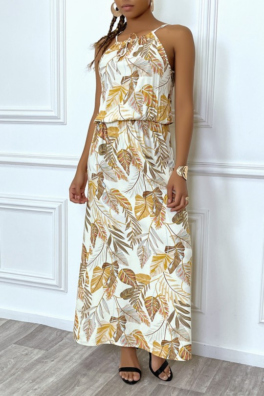 Long beige leaf pattern dress with high collar and elastic waist - 1