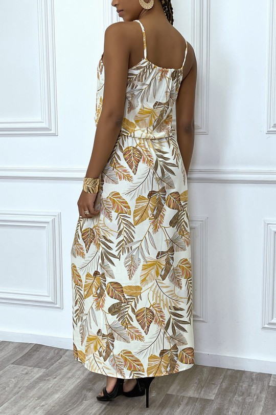 Lange beige jurk met bladmotief, hoge kraag en elastische taille - 2