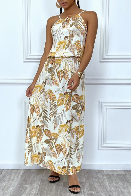 Lange beige jurk met bladmotief, hoge kraag en elastische taille - 4