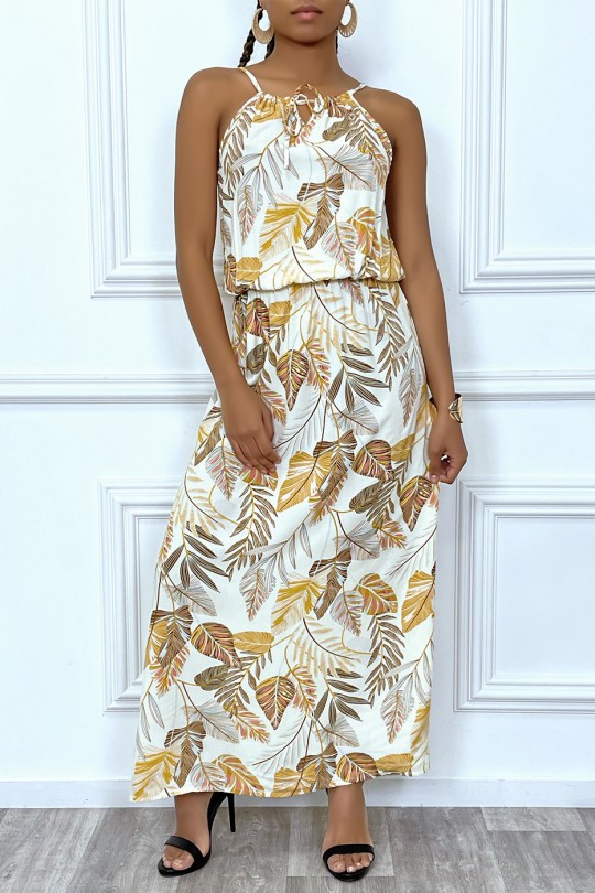 Long beige leaf pattern dress with high collar and elastic waist - 5