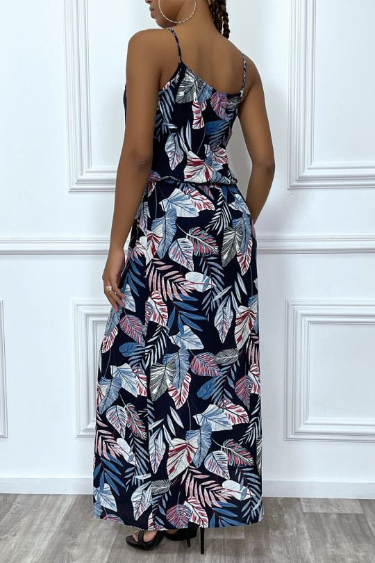 Long navy leaf pattern dress with high collar and elastic waist - 1