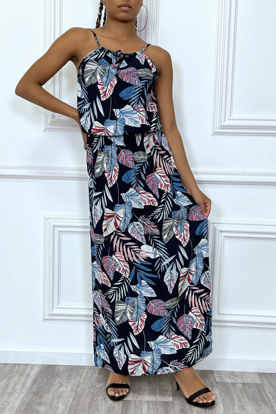 Long navy leaf pattern dress with high collar and elastic waist - 2