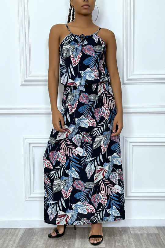 Long navy leaf pattern dress with high collar and elastic waist - 3