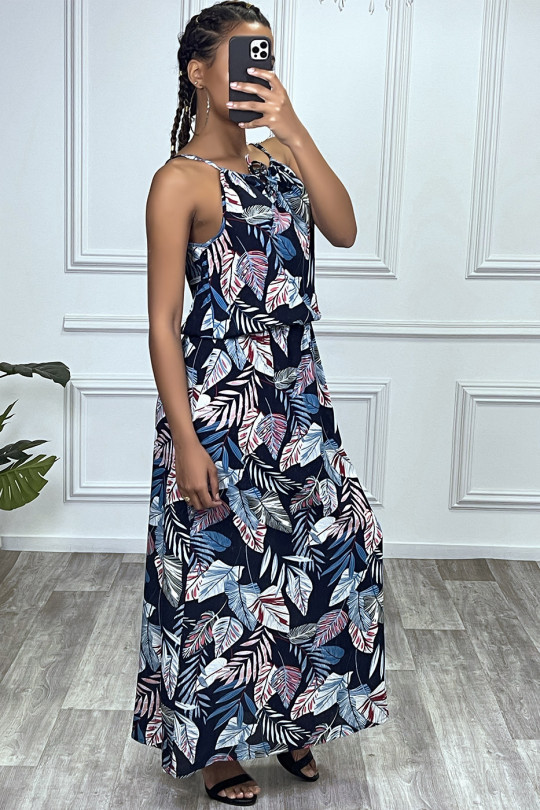 Long navy leaf pattern dress with high collar and elastic waist - 6