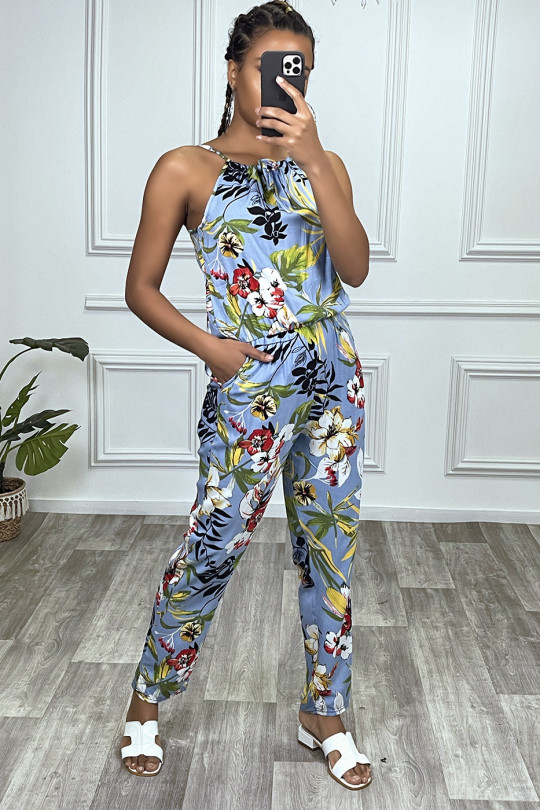 Floral blue jumpsuit with high collar and elasticated waist - 5