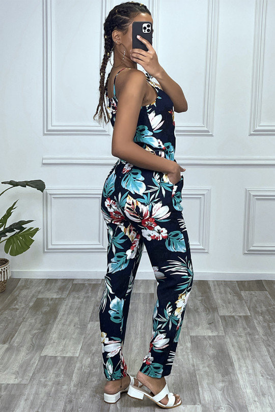 Navy floral jumpsuit with high collar and elastic at the waist - 2