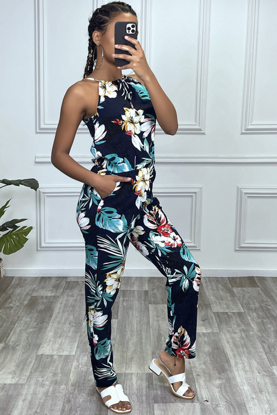 Navy floral jumpsuit with high collar and elastic at the waist - 3