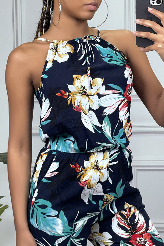 Navy floral jumpsuit with high collar and elastic at the waist - 4
