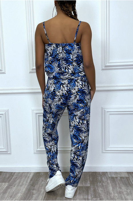 Combinaison Pantalon Fleuri Bleu Avec Volant Et Bretelles Reglables