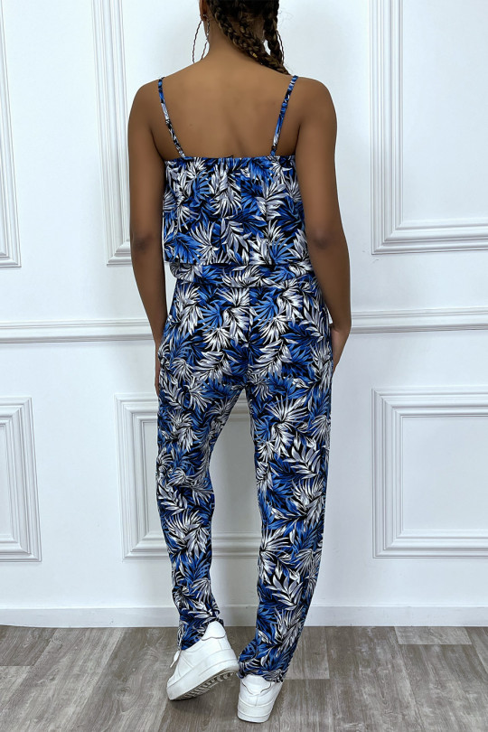 Blue floral jumpsuit with ruffle and adjustable straps - 1
