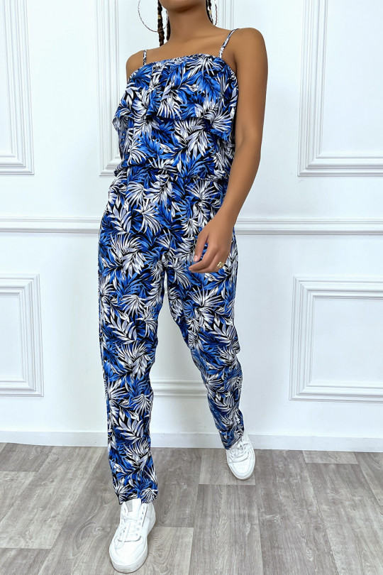 Blue floral jumpsuit with ruffle and adjustable straps - 2