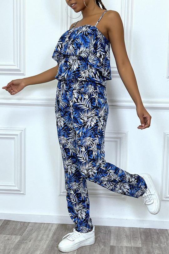 Blue floral jumpsuit with ruffle and adjustable straps - 5
