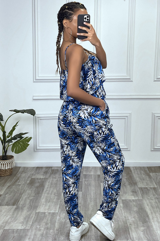 Blue floral jumpsuit with ruffle and adjustable straps - 9