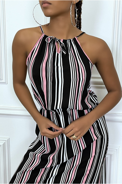 Long black pink striped dress with high neck and elasticated waist - 1