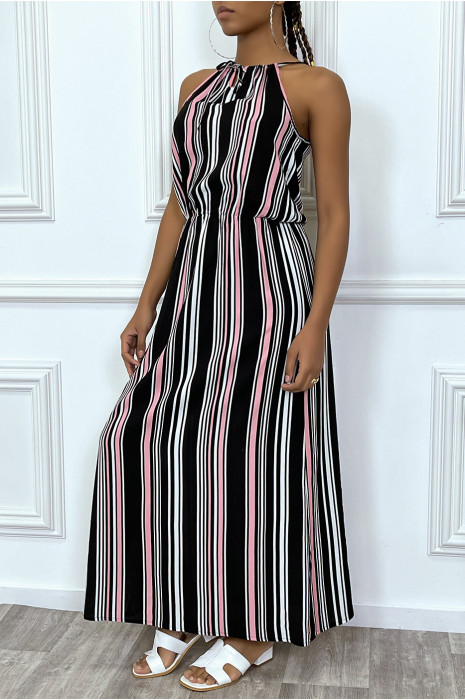 Long black pink striped dress with high neck and elasticated waist - 2