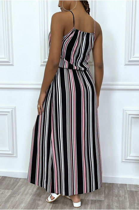 Long black pink striped dress with high neck and elasticated waist - 3