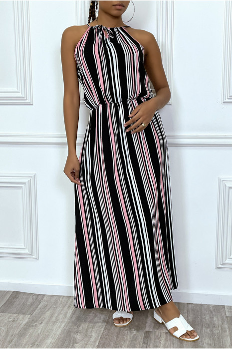 Lange zwart roze gestreepte jurk met hoge hals en elastische taille - 4