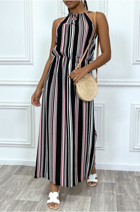 Long black pink striped dress with high neck and elasticated waist - 6