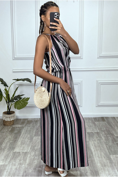 Long black pink striped dress with high neck and elasticated waist - 8