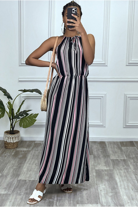 Lange zwart roze gestreepte jurk met hoge hals en elastische taille - 9