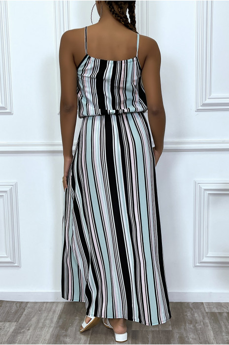 Long black dress with turquoise stripe, high collar and elasticated waist - 3