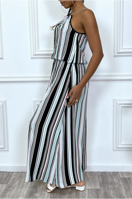 Long black dress with turquoise stripe, high collar and elasticated waist - 4
