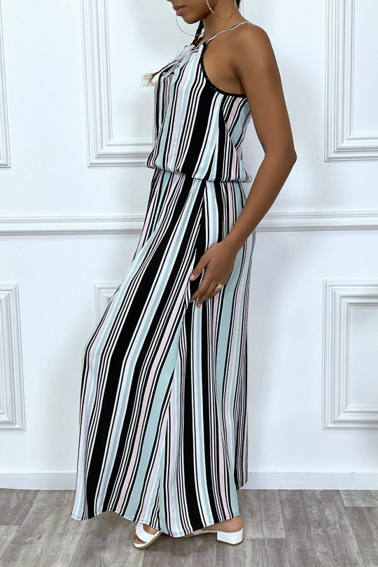 Long black dress with turquoise stripe, high collar and elasticated waist - 4